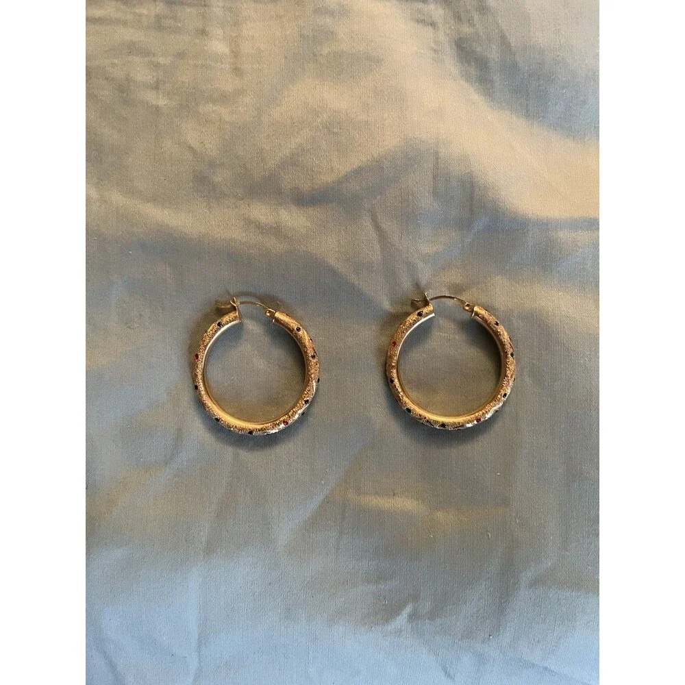 14K YELLOW GOLD MULTI-COLOR DROP  EARRINGS RED GREEN BLUE  HOOP LOOP 6.2G GRAM